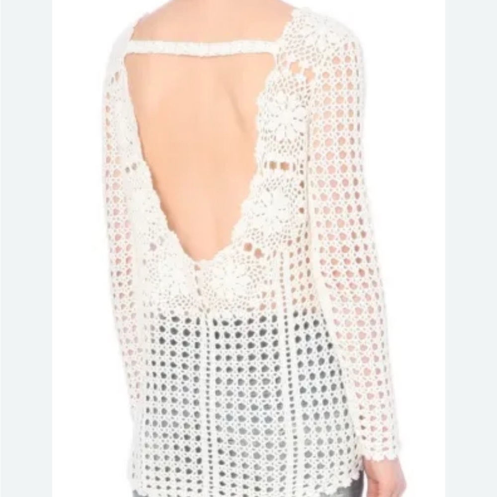 Free People Cream Crochet knit cut out bak Sweater lightweight boho cottagecore